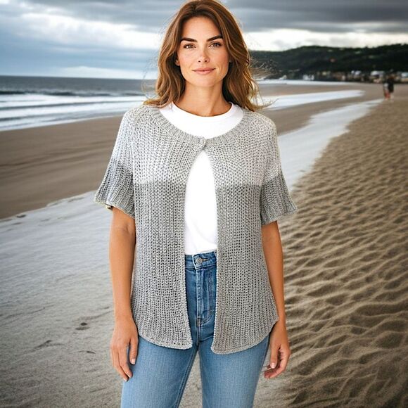 Chicos Open Knit Cardigan Sz 0 S Sweater Short Sleeve Shrug Capsule Luxury Gray - Picture 12 of 16